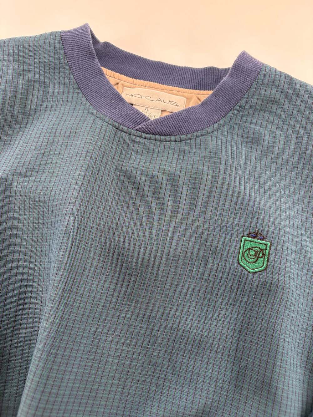 Nicklaus Mens XL Windshirt Pullover Green Navy Check Lined Crest Logo Vintage